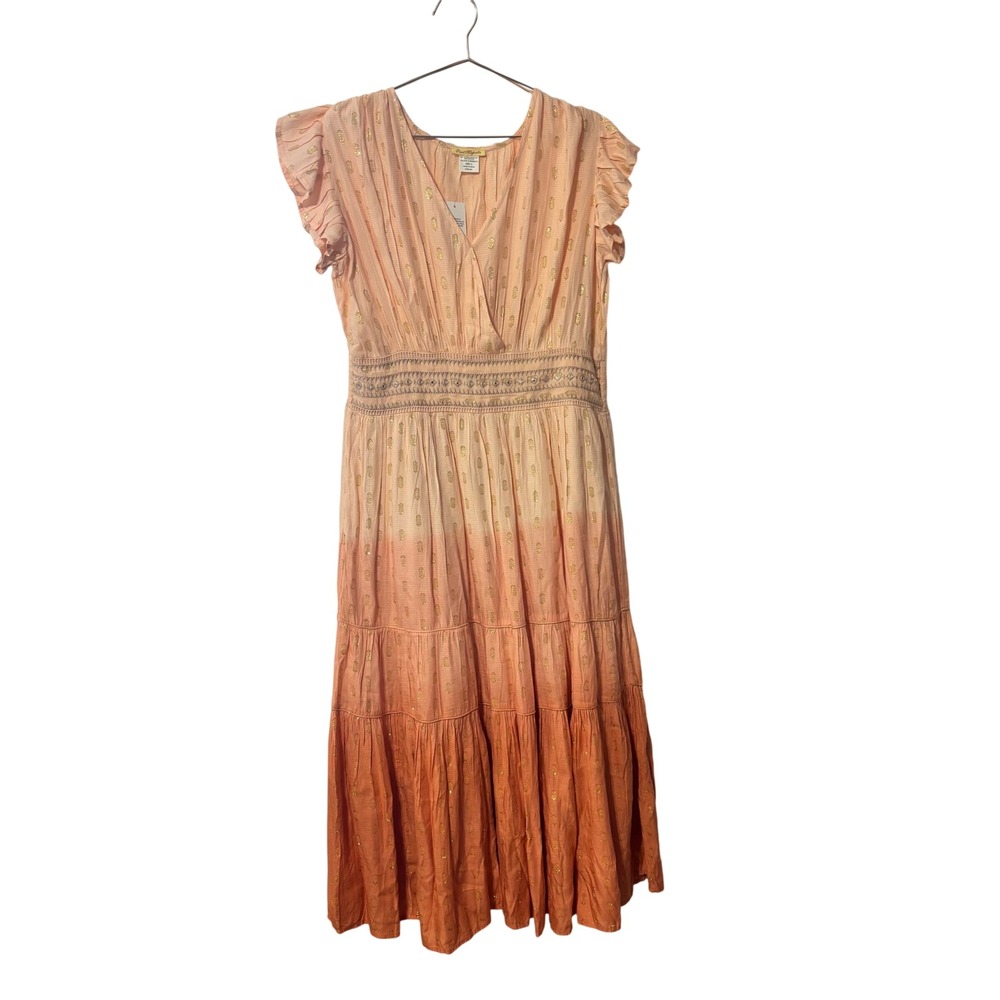 Sweet Magnolia Peach Orange Ombre Gold Foil Dot Maxi Dress L NWT Boho Tiered